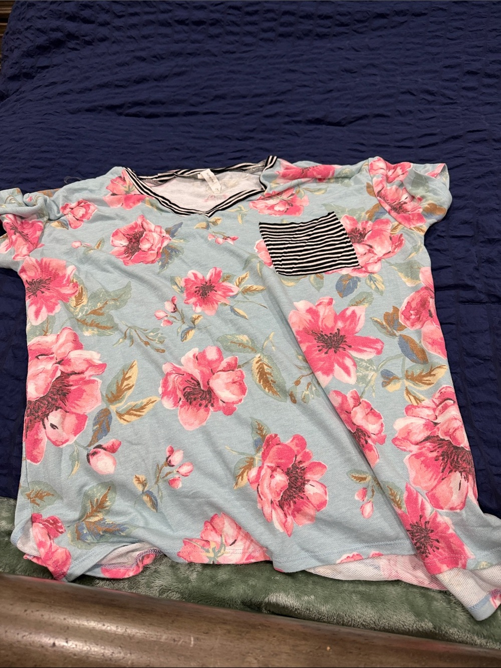 Honeyme Light Blue Floral Pocket Tee with Pink Flowers
